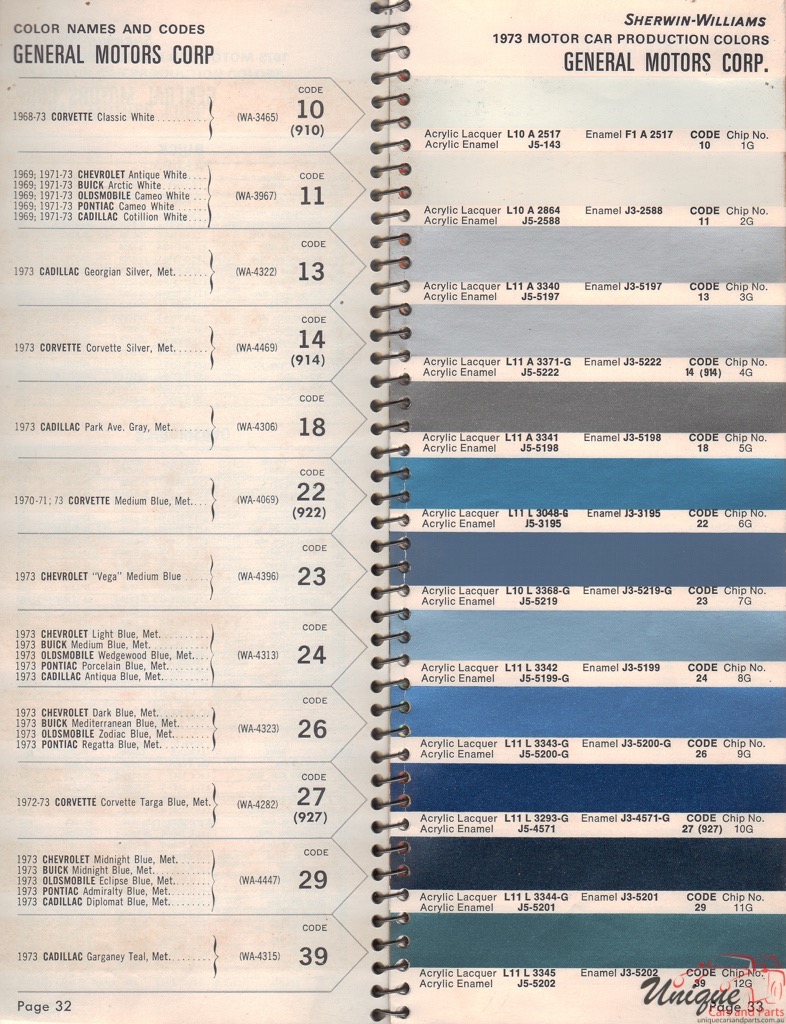 1973 General Motors Paint Charts Williams 1